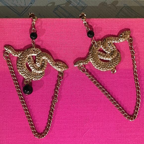 Gold Snake Statement Earrings Black Beads Asymmetrical Pair Gothic Y2K Jewelry - Picture 2 of 7